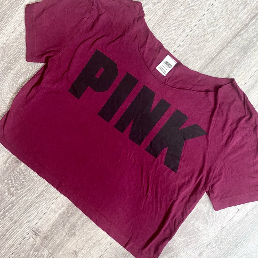 VS PINK CROP TOP SHORT SLEEVES BOXY TEE LOGO MAROON / BLACK SIZE LARGE - Picture 2 of 6